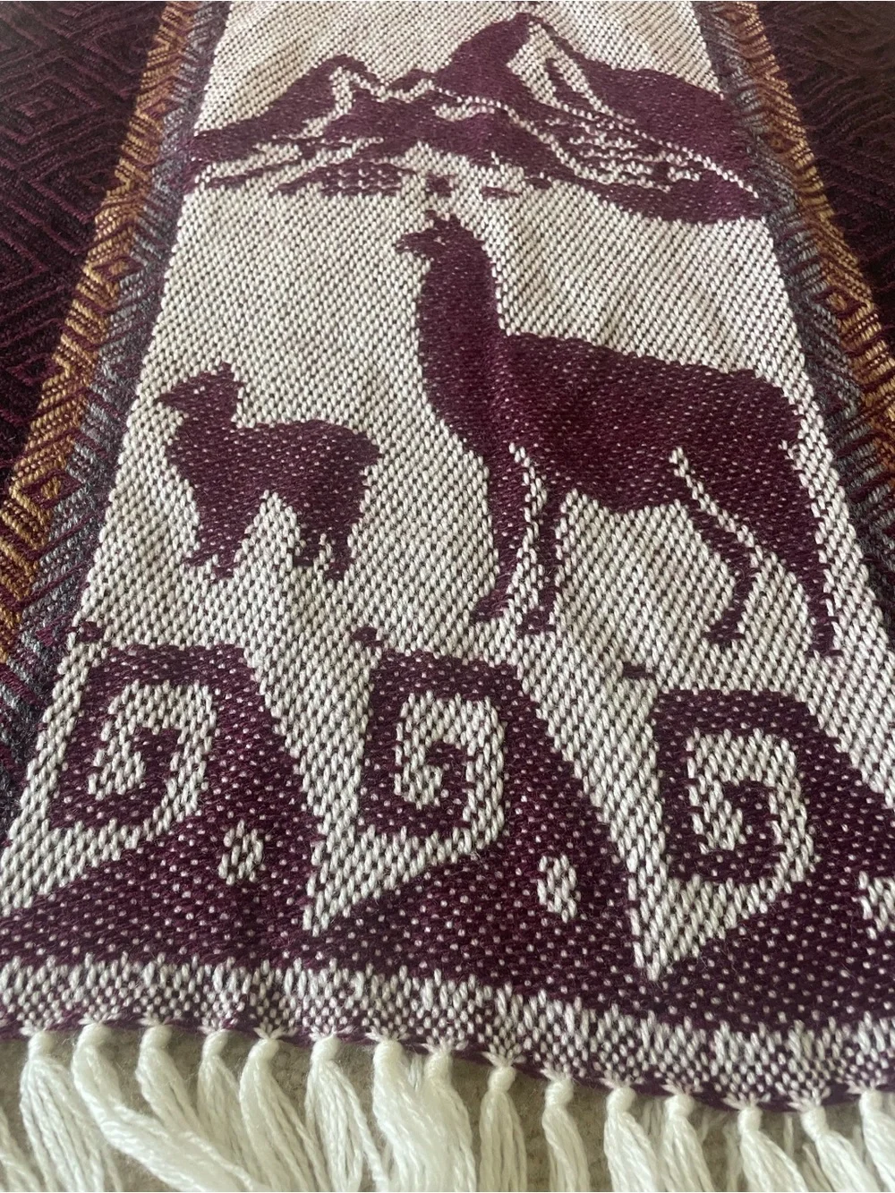 Handmade in Peru Patterned Tassel Scarf Vest - Burgundy Cream. OS